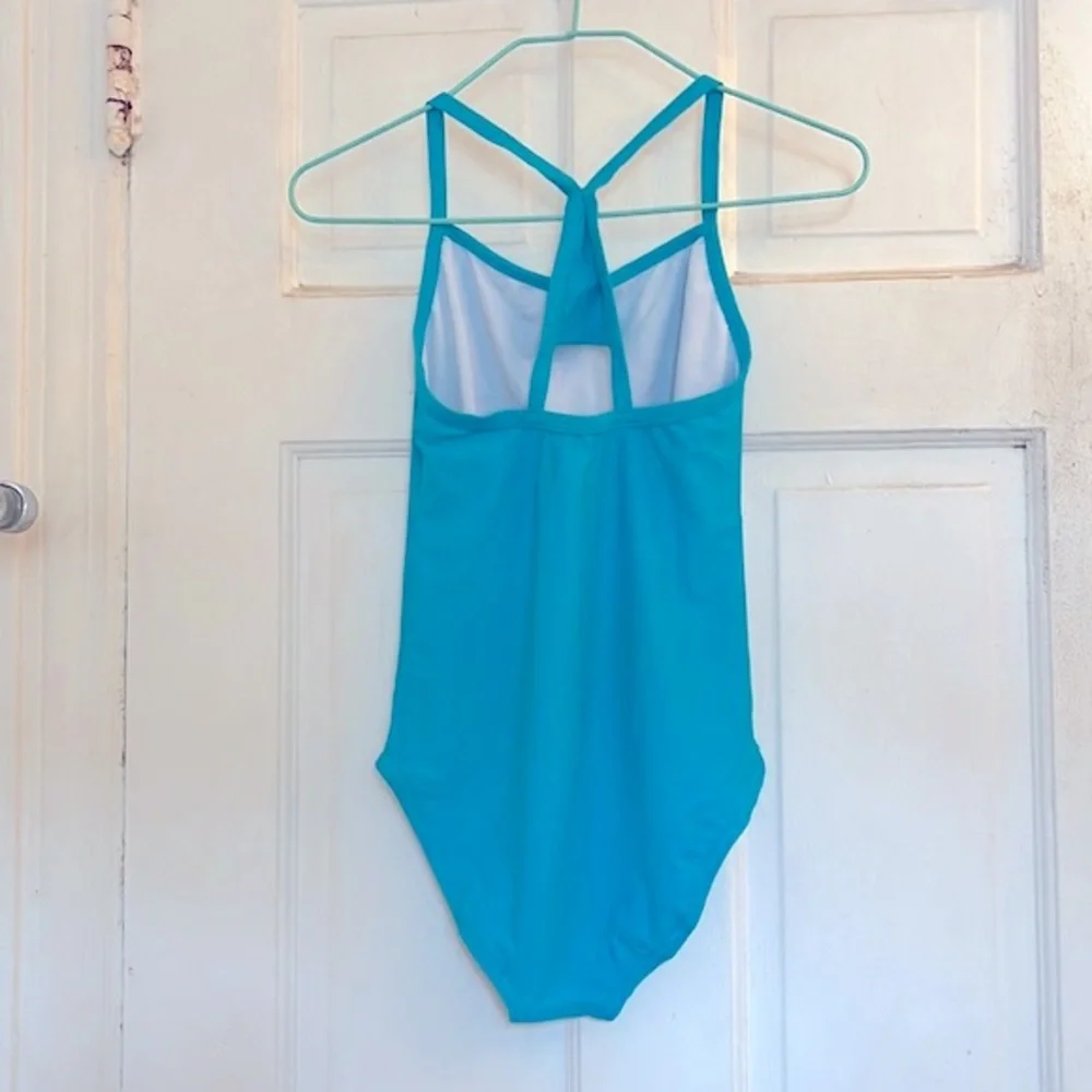 Girls Aqua Blue One-Piece Swimsuit with Cross-Back Straps in size 12